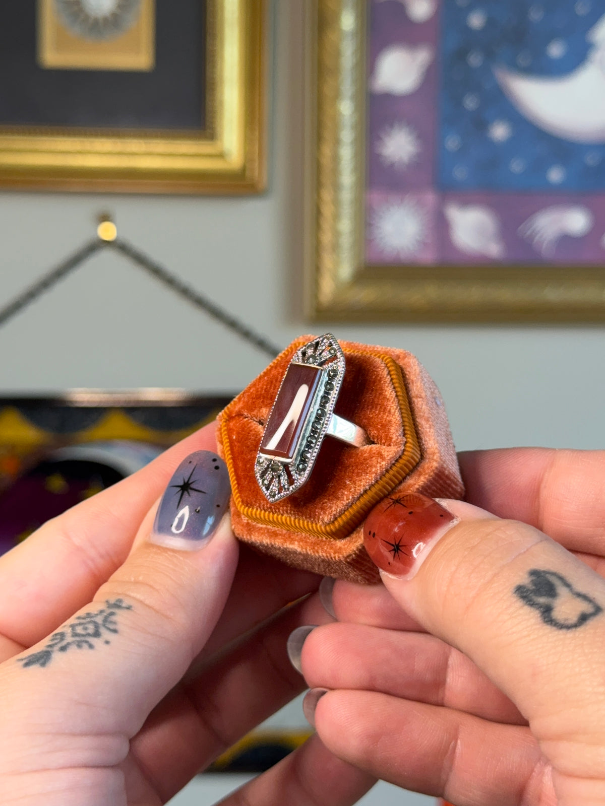 Elongated Carnelian & marcasite ring