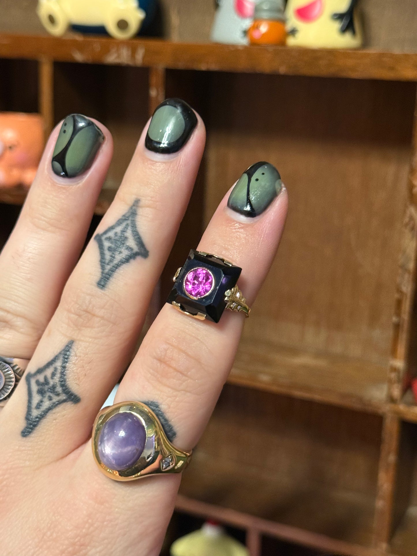 Art deco black onyx and pink spinel