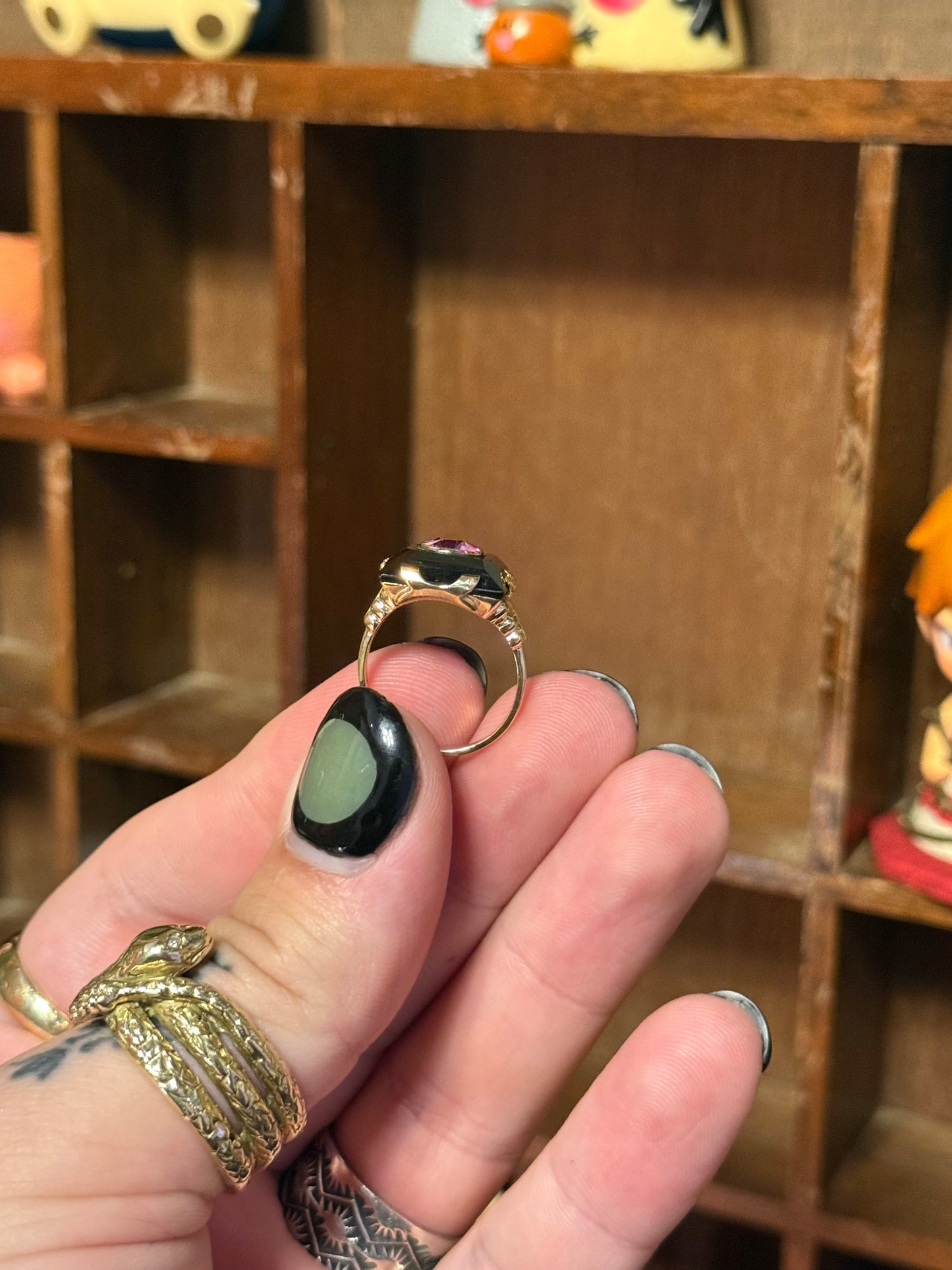 Art deco black onyx and pink spinel