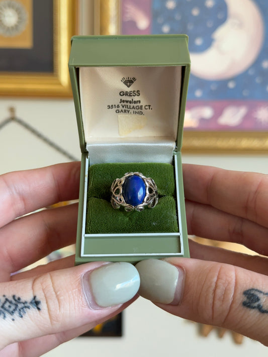 Silver lapis filigree ring