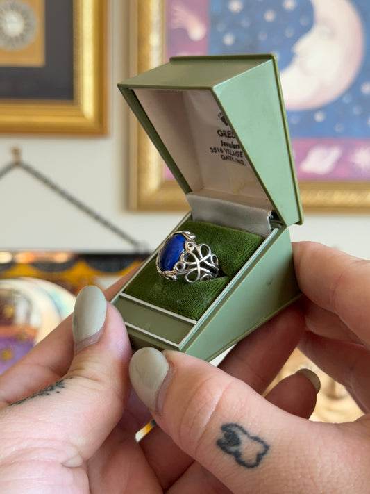 Silver lapis filigree ring