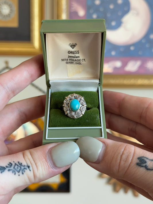 Silver swirl detailed turquoise ring