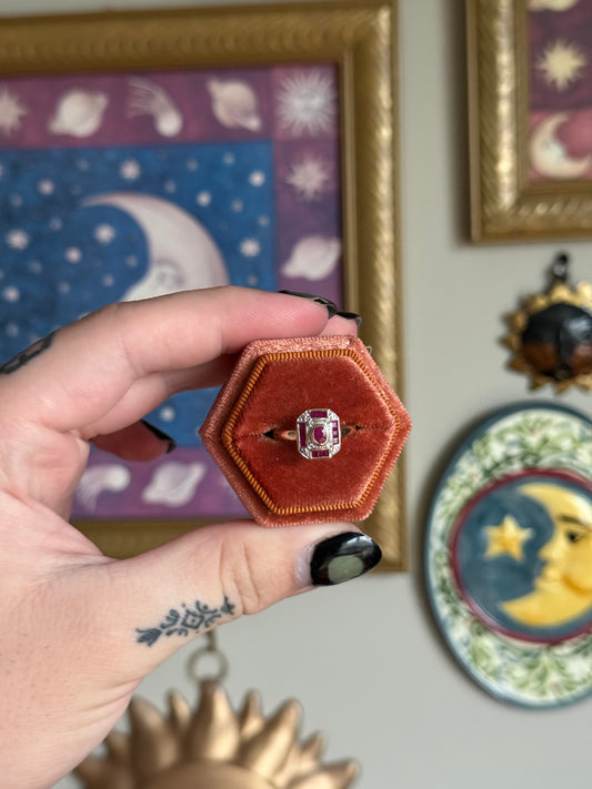 Yellow gold ruby and diamond shield